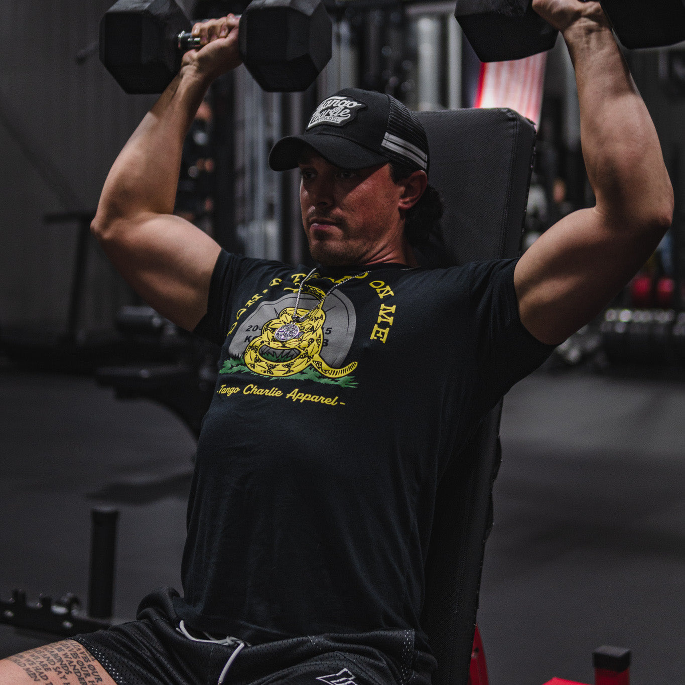 tango charlie - gadsden flag tee shirt on male model