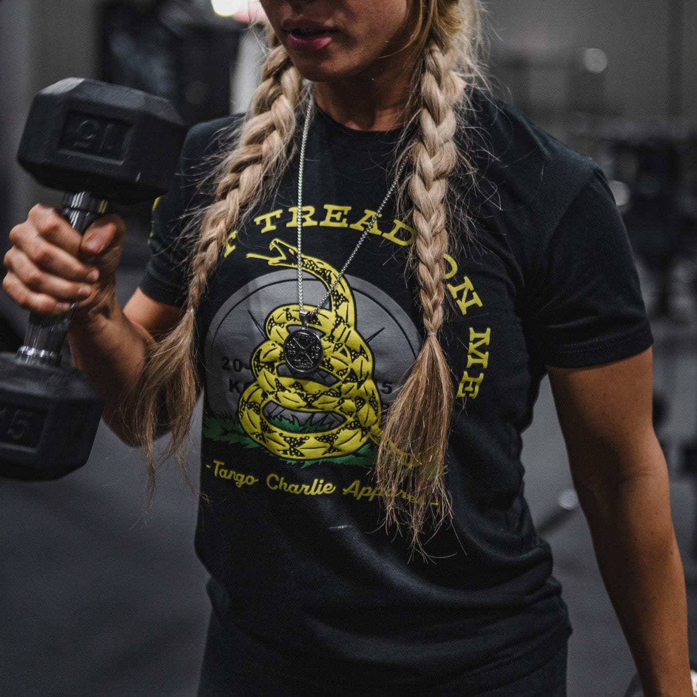 tango charlie - don't tread on me t-shirt on female model