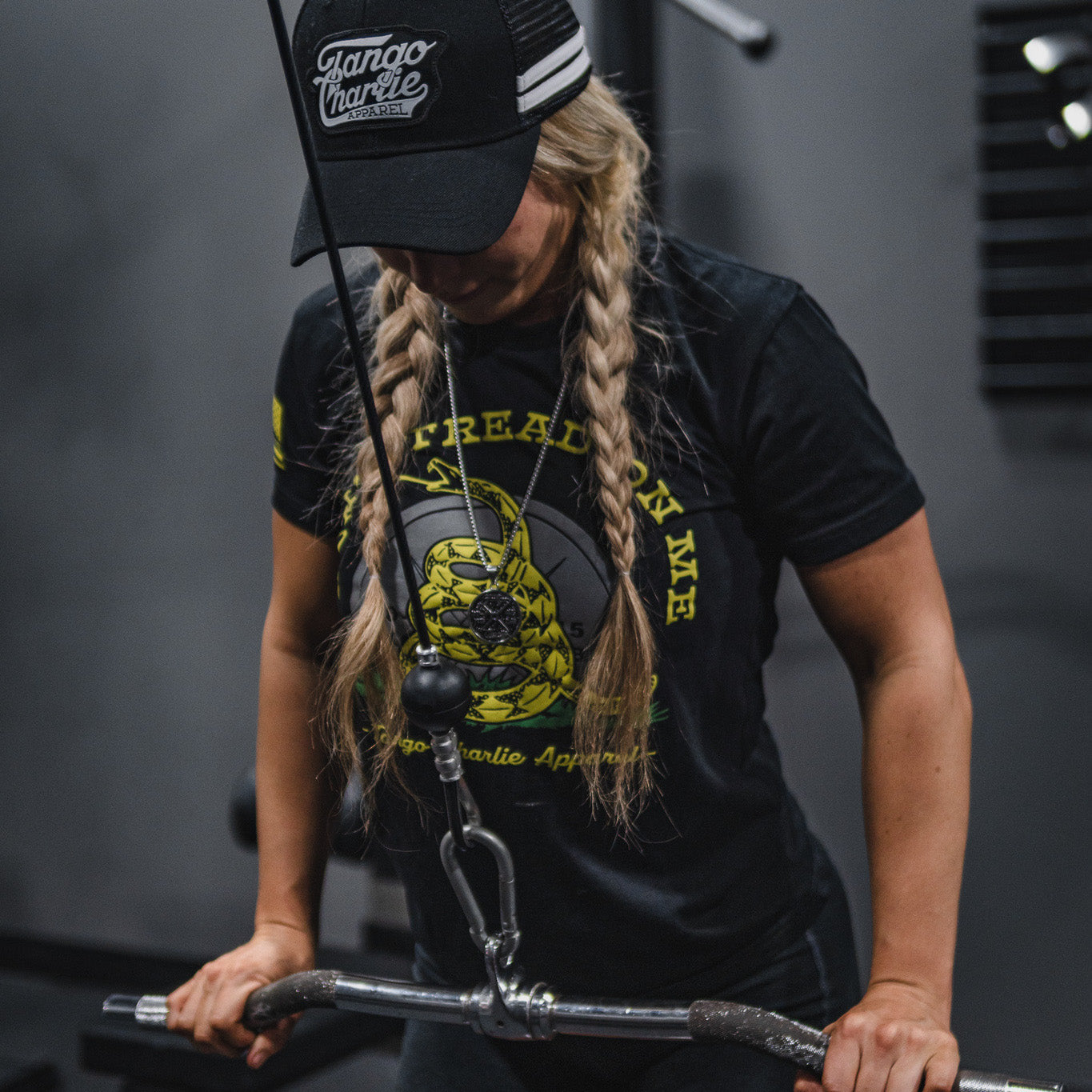 tango charlie - don't tread on me tee on female model