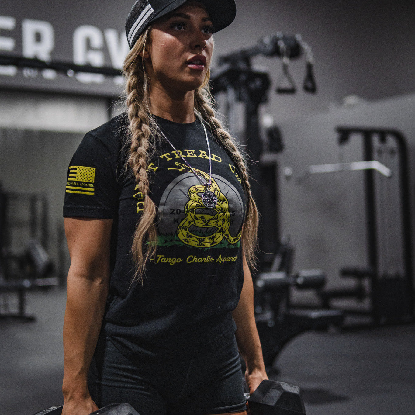 tango charlie - don't tread on me tee shirt on female model