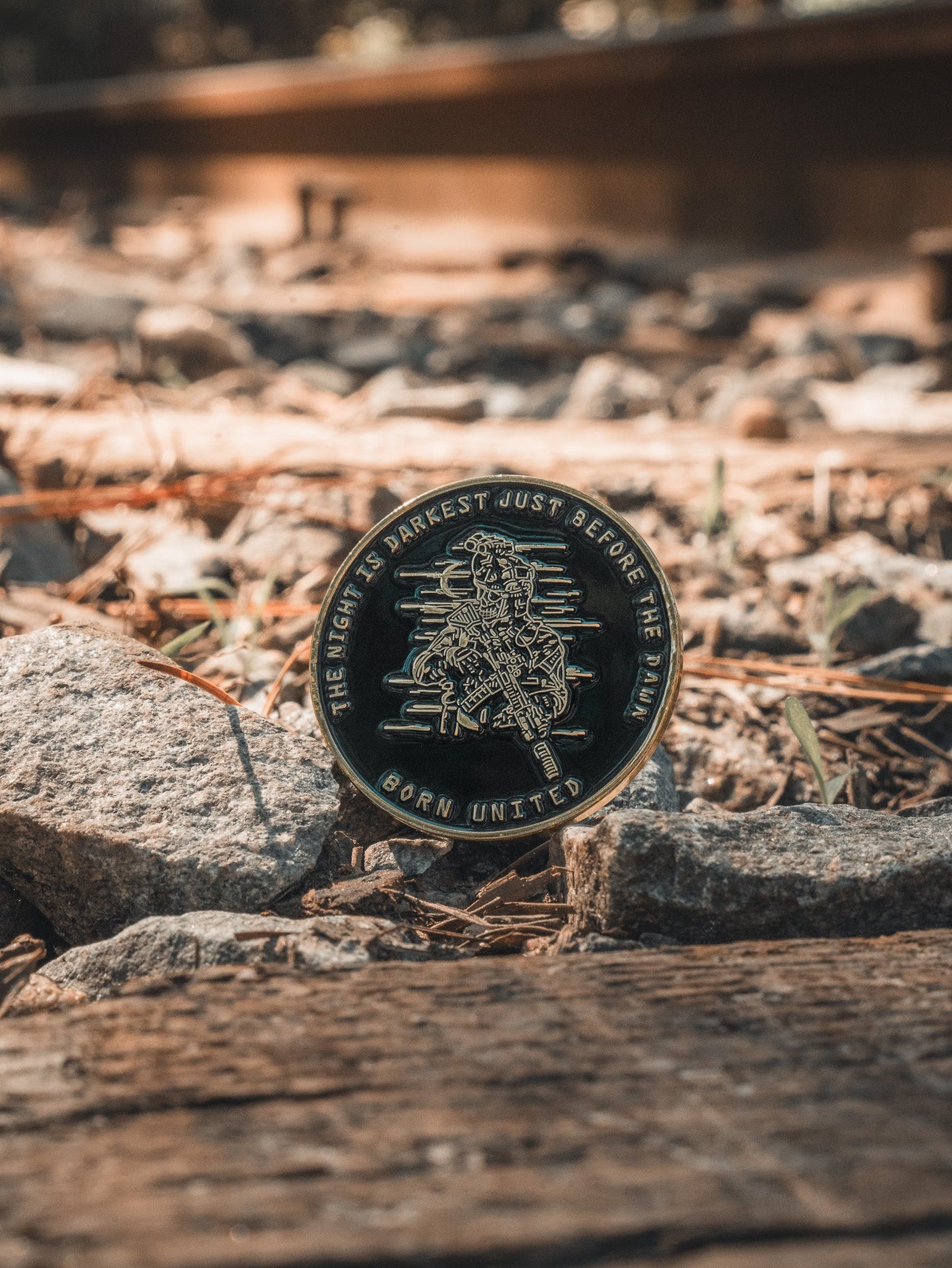 A round coin featuring a cowboy hat, bandana with the US flag, and two crossed rifles. Text reads NOT IN MY TOWN at the top and BORN UNITED at the bottom, with five bullets below.