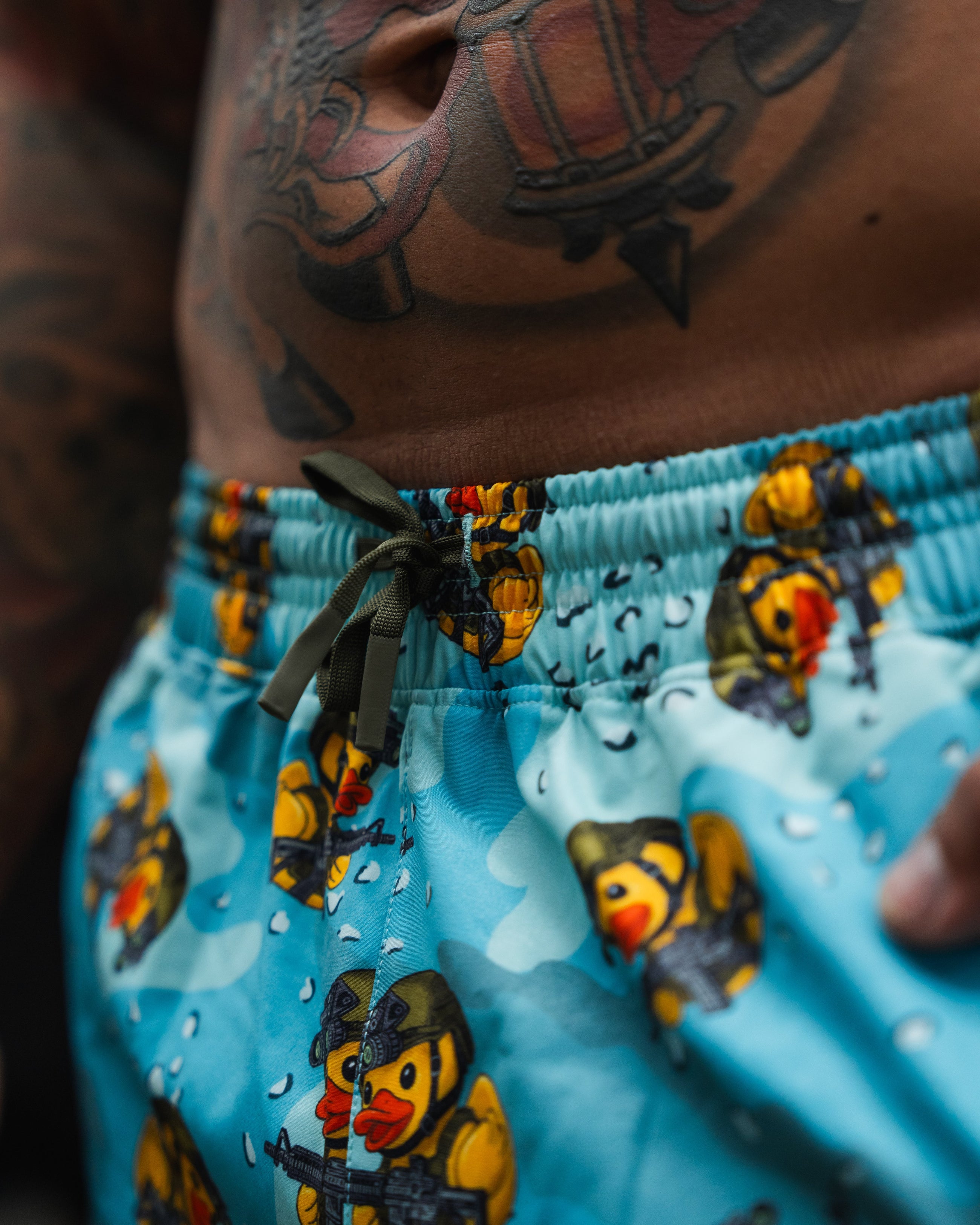 A woman wearing short with rubber duck print