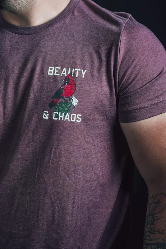 tango charlie - beauty and chaos maroon tee front on model