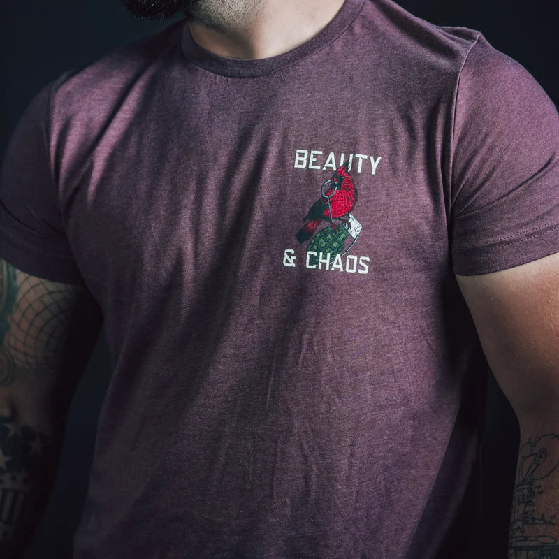 tango charlie - beauty and chaos maroon tee front on model