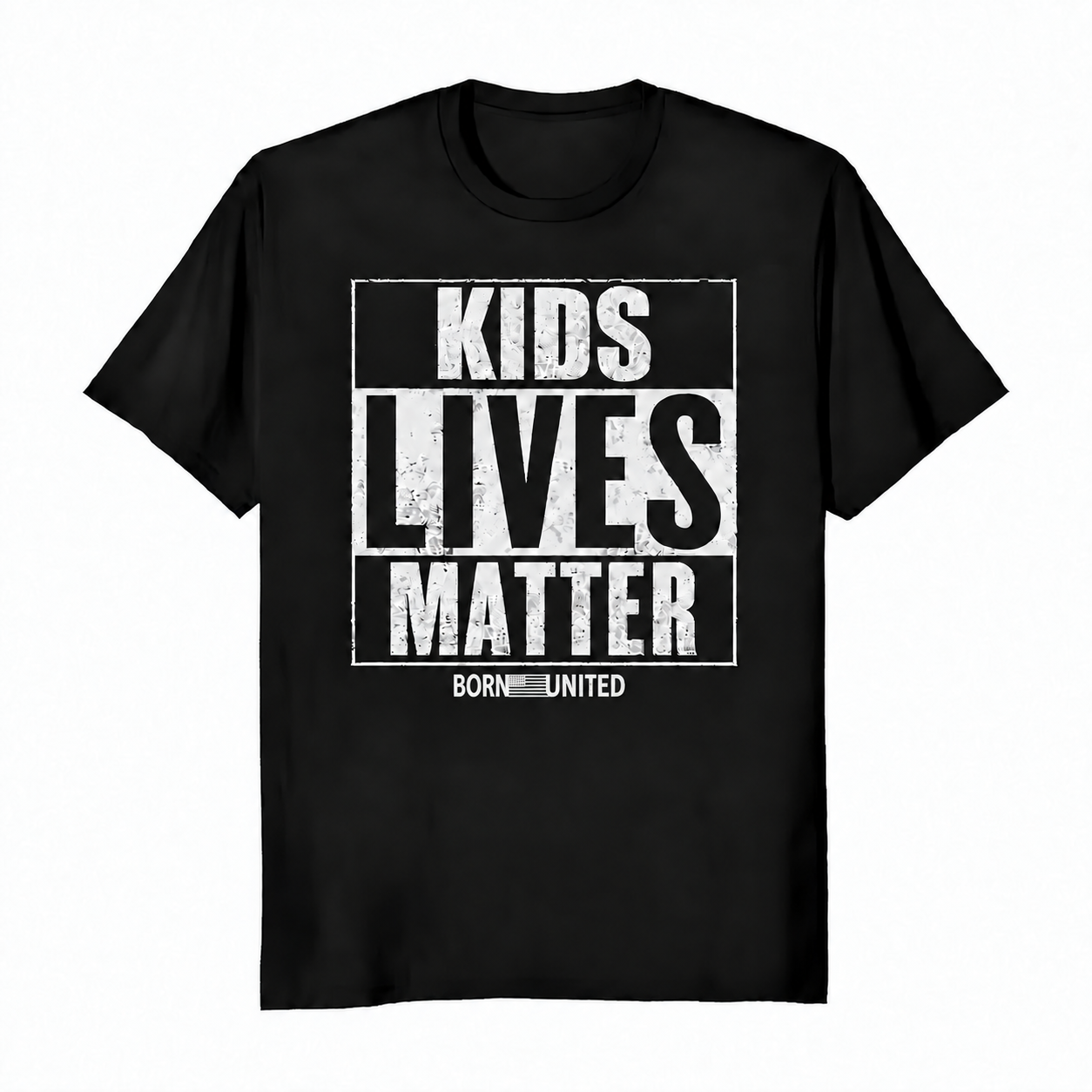 Introducing the Kid’s Lives Matter t-shirt by Born United Private Label—a black tee featuring bold white “Kids Lives Matter” text and smaller “Born United” underneath. Now available for pre-order, with estimated shipping details provided at checkout.