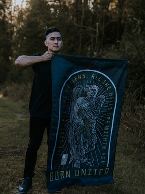 born united - heavens and hells banner with model