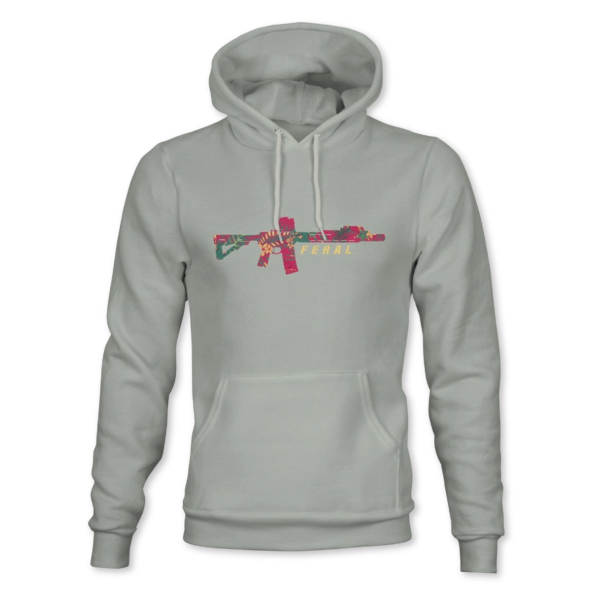 The Feral - Premium Dusty Sage Hoodie by Tango Charlie Apparel is a light gray, mid-weight hooded sweatshirt featuring a floral-patterned rifle graphic with the word “FERAL” printed below it on the chest. Made from a high-quality cotton-polyester blend, this hoodie offers both comfort and durability.