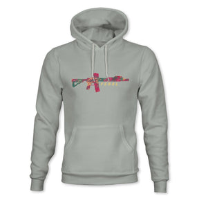 The Feral - Premium Dusty Sage Hoodie by Tango Charlie Apparel is a light gray, mid-weight hooded sweatshirt featuring a floral-patterned rifle graphic with the word “FERAL” printed below it on the chest. Made from a high-quality cotton-polyester blend, this hoodie offers both comfort and durability.