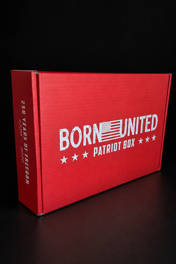 A Born United Patriot Box by Born United Private Label, featuring “BORN UNITED” with an American flag design on a red box, is set against a black background. Side text: “250 Years of Freedom—exclusive Limited Edition Tees for America’s 250th Birthday.”.