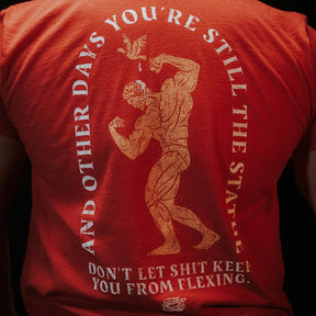 A person wears the "St. Arnold The Stoic" t-shirt by Tango Charlie Apparel—a red funny motivational tee with a flexing muscular figure and bird, captioned: “AND OTHER DAYS YOU’RE STILL THE STATUE. DON’T LET SHIT KEEP YOU FROM FLEXING.”.