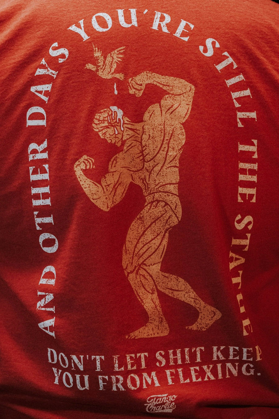 A person wears the "St. Arnold The Stoic" t-shirt by Tango Charlie Apparel—a red funny motivational tee with a flexing muscular figure and bird, captioned: “AND OTHER DAYS YOU’RE STILL THE STATUE. DON’T LET SHIT KEEP YOU FROM FLEXING.”.