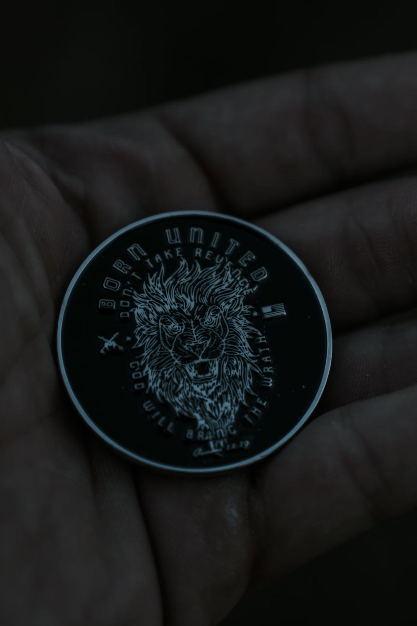 A dark-toned image features a hand holding the Revenge Challenge Coin from Born United Private Label. Adorned with a detailed lions head and Born United, the coin stands out against the dim background, emphasizing its intricate design and the lines of the palm beneath.