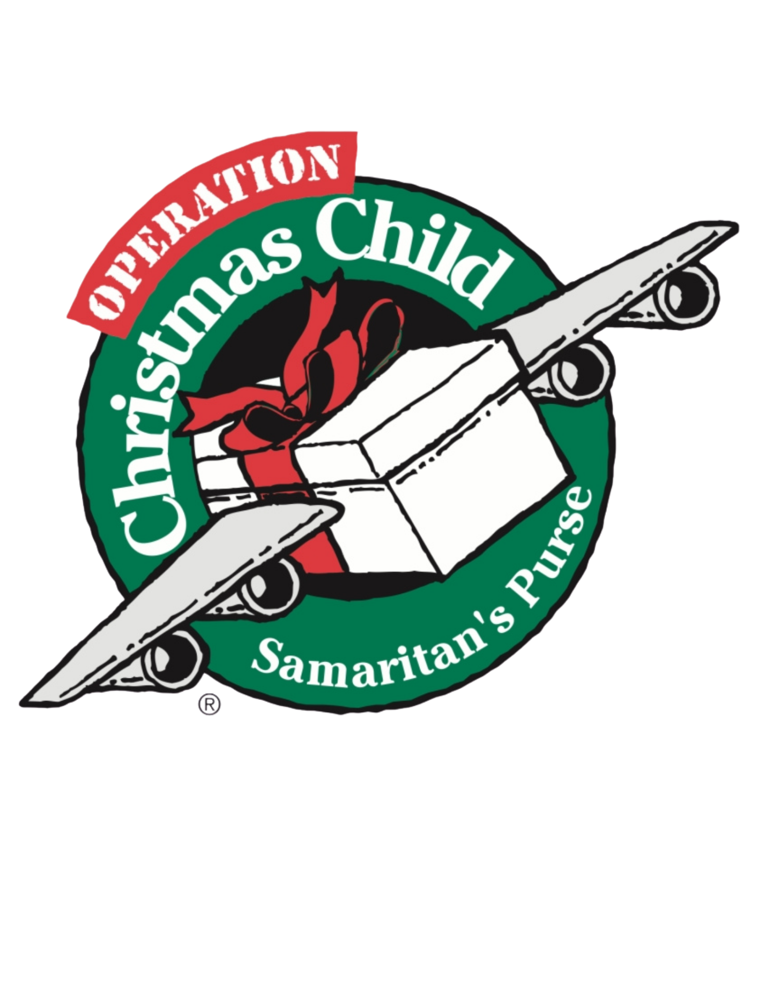 A logo for Operation Christmas Child by zestard-easy-donation features a green circle, the text “Operation Christmas Child Samaritan’s Purse,” and a white gift box with a red bow on an airplane.