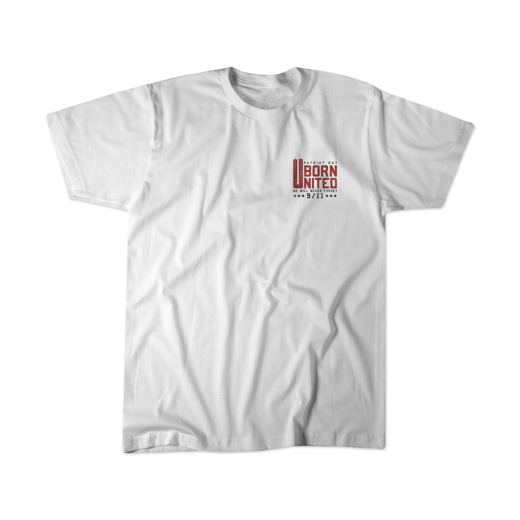 We Remember: 25th Anniversary - White by Born United Private Label—a white T-shirt featuring a small red and black graphic on the left chest that reads “BORN UNITED” with “9/11” and additional small text and stars beneath, designed as a remembrance tee to honor the resilience shown during the September 11 memorial.