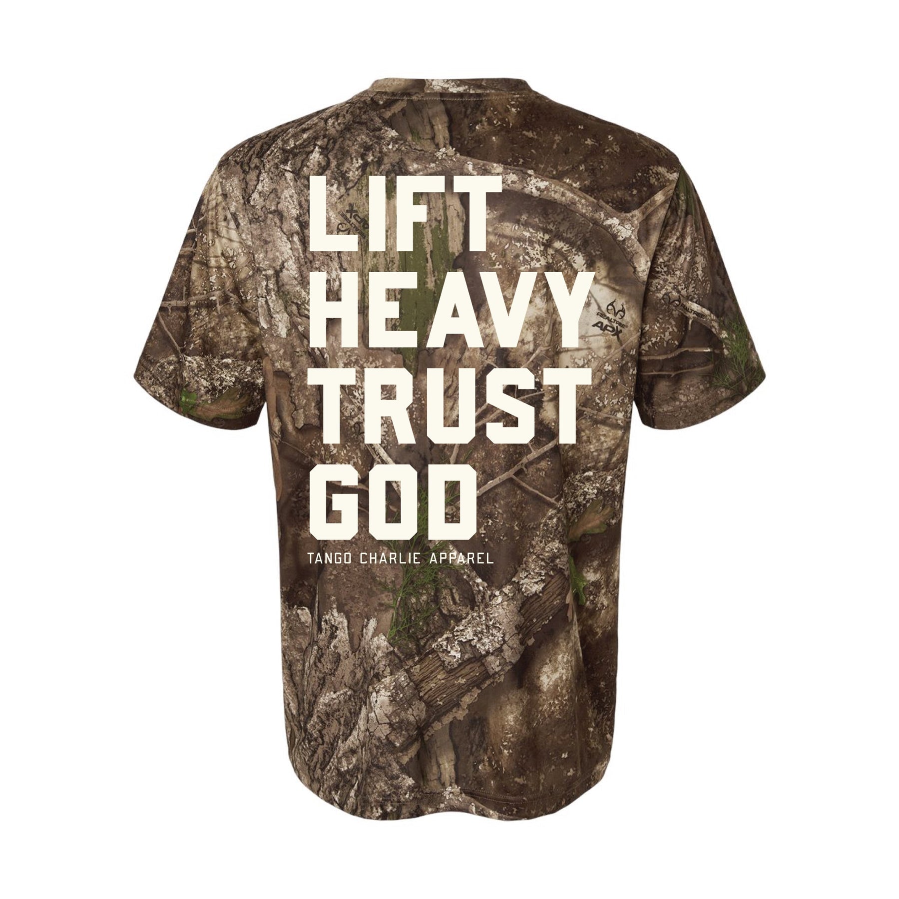 Camouflage t-shirt with 'Lift Heavy Trust God' text on a white background