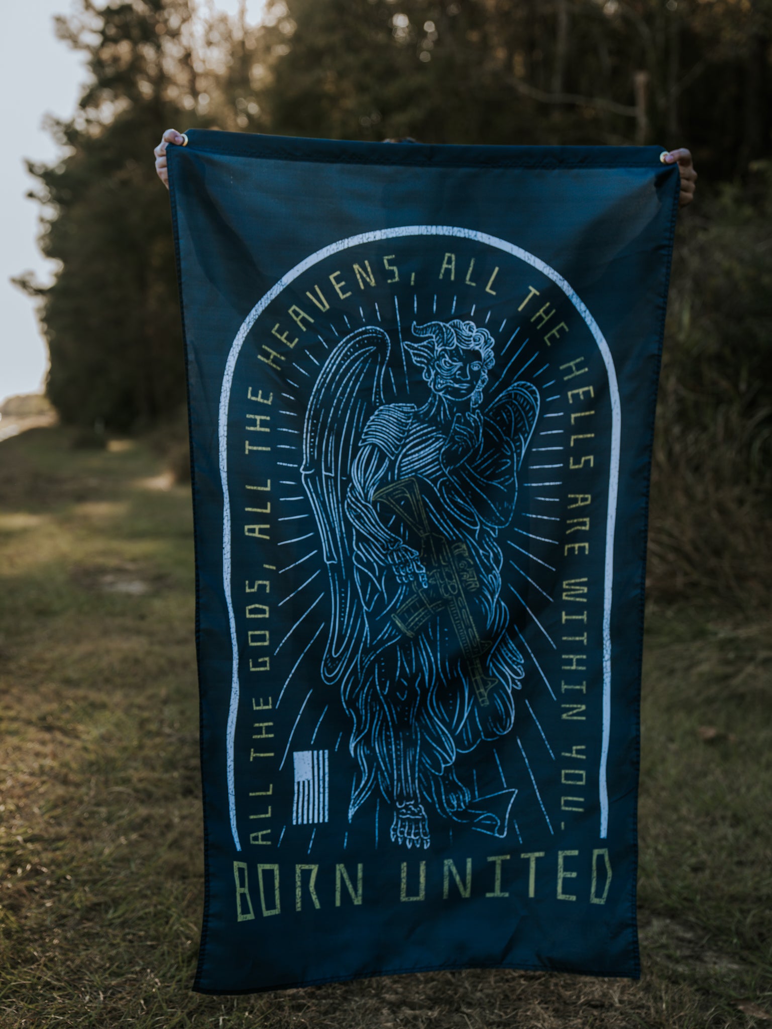 born united - heavens and hells flag with model