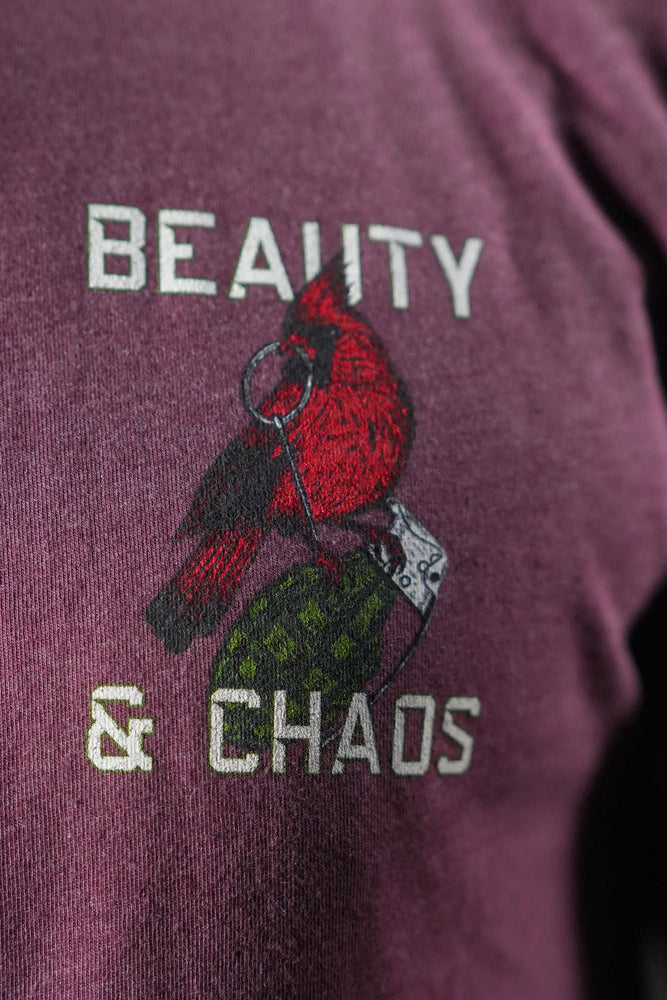 tango charlie - beauty and chaos maroon tee front detail
