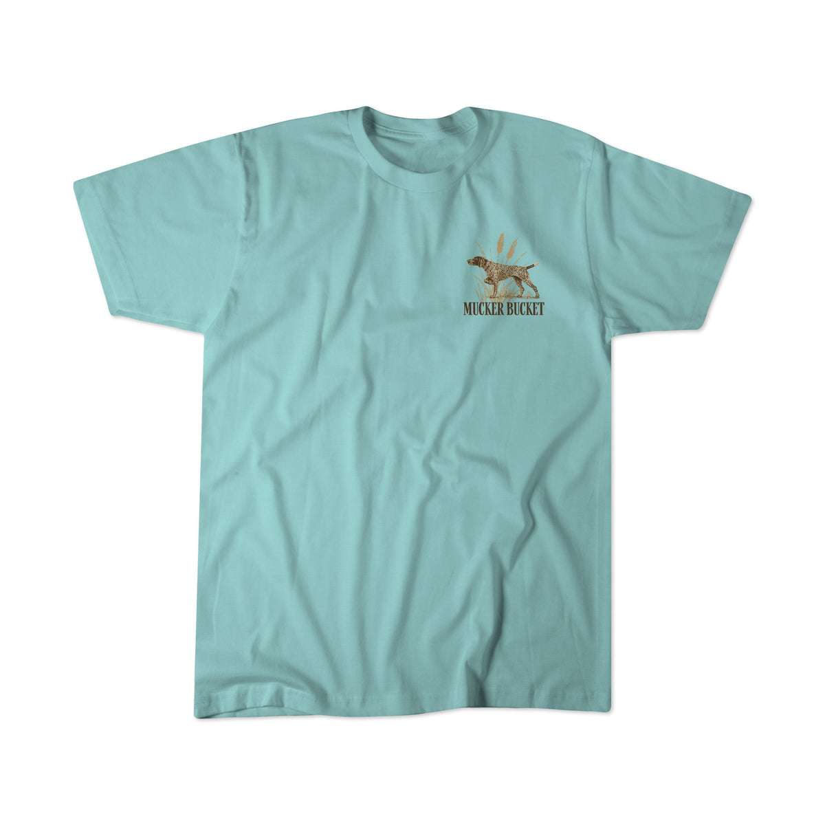 The Mucker Bucket Youth Dog DNA Premium Tee is a light blue kids’ t-shirt featuring a small dog graphic and the words “MUCKER BUCKET” on the left chest. This premium tee is shown laid flat on a white background.