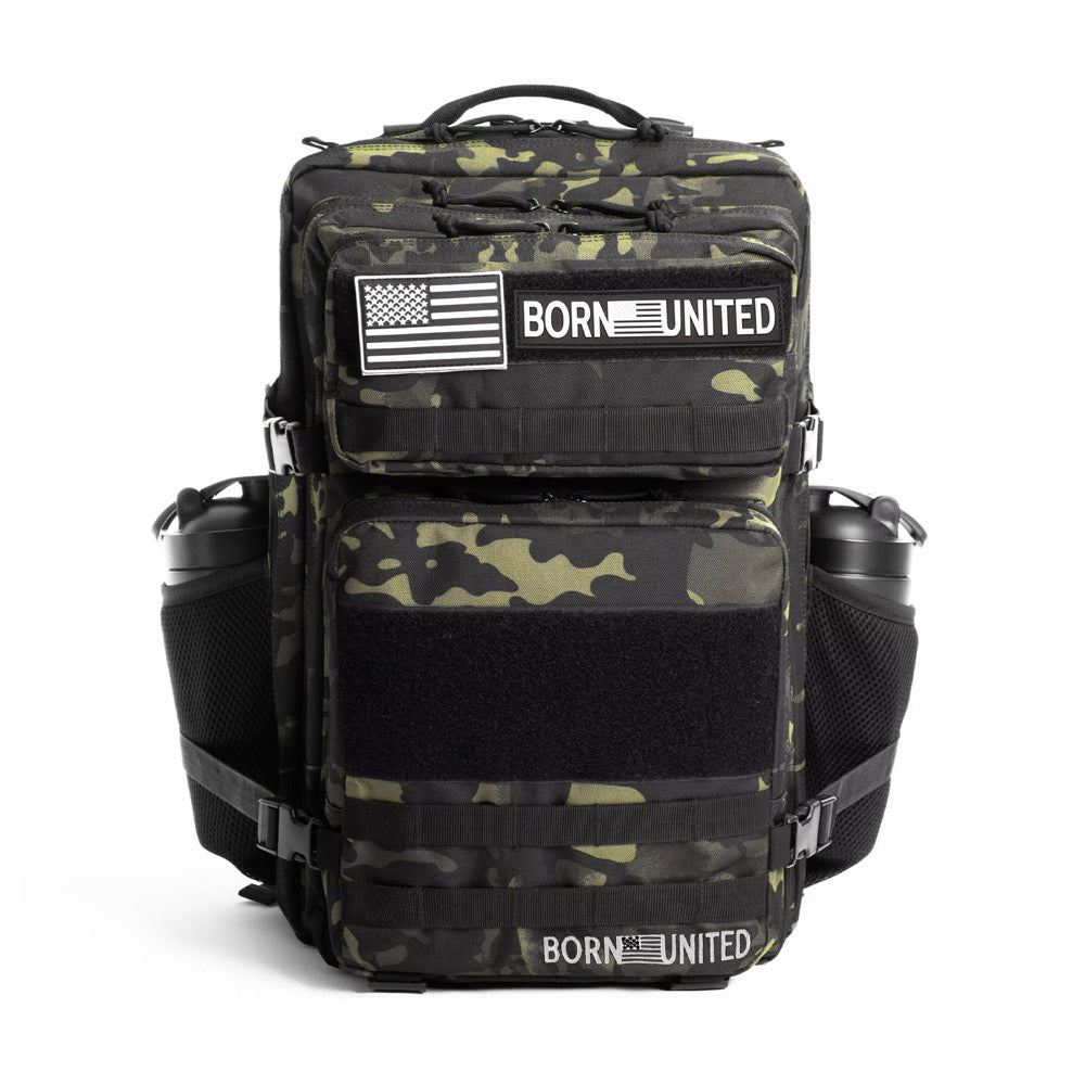 The Black Camo Premium Tac-Pac - 45L by Born United Private Label features green accents, multiple compartments, mesh side pockets, and front patches that display "BORN UNITED" and an American flag.