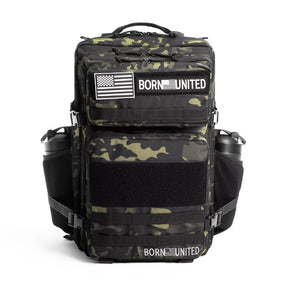 The Black Camo Premium Tac-Pac - 45L by Born United Private Label features green accents, multiple compartments, mesh side pockets, and front patches that display "BORN UNITED" and an American flag.