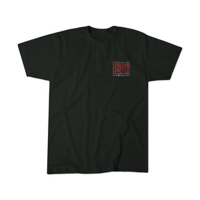 Black t-shirt from the Born United Private Label, featuring a small red and white “We Remember: 25th Anniversary” graphic on the left chest—a commemorative tee honoring and celebrating resilience on September 11.