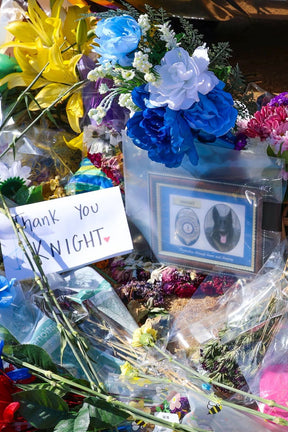 A Knight Watch memorial from Born United Private Label adorned with colorful flowers, a photo of the black dog in uniform, and a “Thank You Knight” note, surrounded by tributes for Chesterfield County Police.