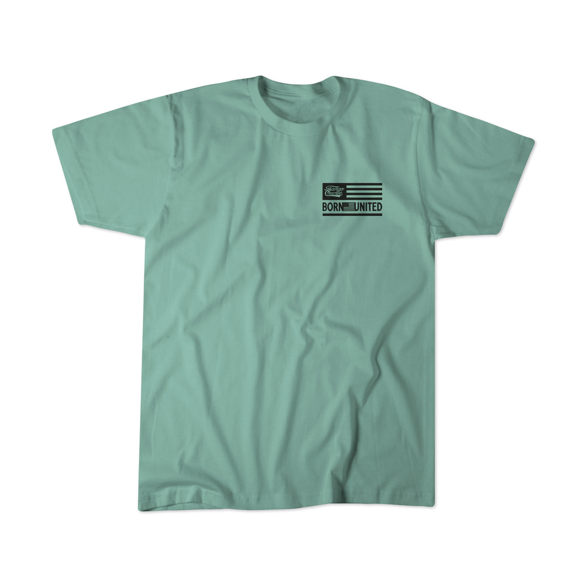 Introducing the LHSG - Sage Tee by Tango Charlie Apparel—a light green T-shirt featuring a subtle black Born United flag graphic on the left chest. Designed for lifters and high-intensity fitness enthusiasts, this shirt is photographed laid flat against a white background.