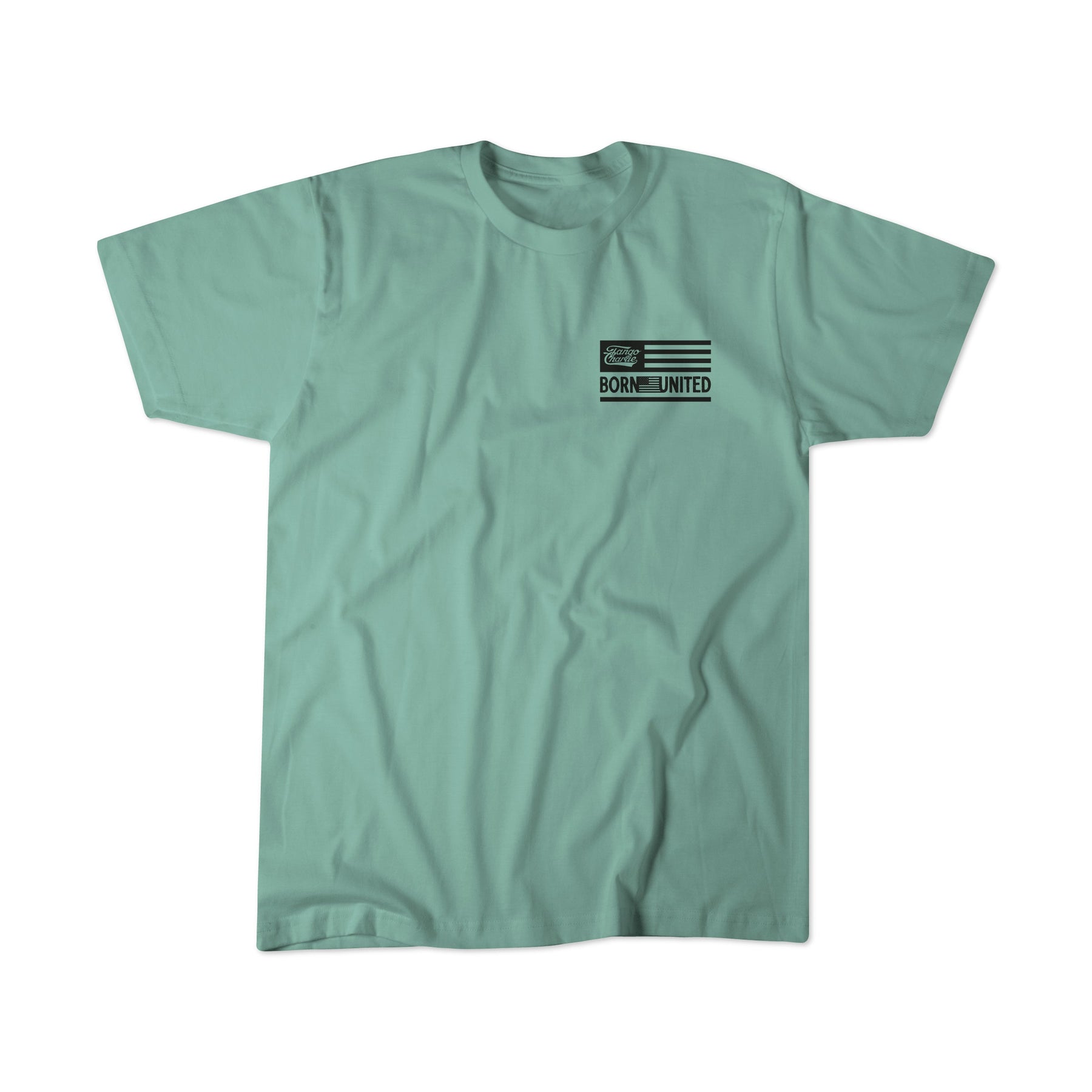 Introducing the LHSG - Sage Tee by Tango Charlie Apparel—a light green T-shirt featuring a subtle black Born United flag graphic on the left chest. Designed for lifters and high-intensity fitness enthusiasts, this shirt is photographed laid flat against a white background.