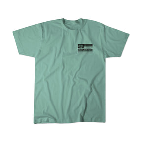 Introducing the LHSG - Sage Tee by Tango Charlie Apparel—a light green T-shirt featuring a subtle black Born United flag graphic on the left chest. Designed for lifters and high-intensity fitness enthusiasts, this shirt is photographed laid flat against a white background.