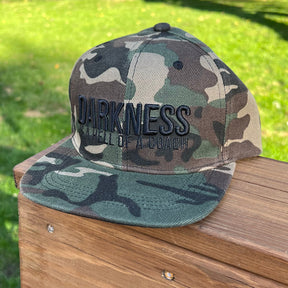 tango charlie - darkness is a hell of a coach camo snapback flat lay