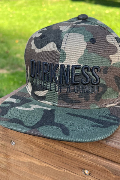 tango charlie - darkness is a hell of a coach camo snapback flat lay