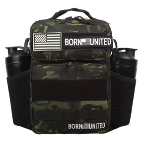 The Black Camo Tac-Pac - 15L by Born United Private Label features black and white American flag patches, BORN UNITED labels, and two side mesh pockets each holding a black bottle.