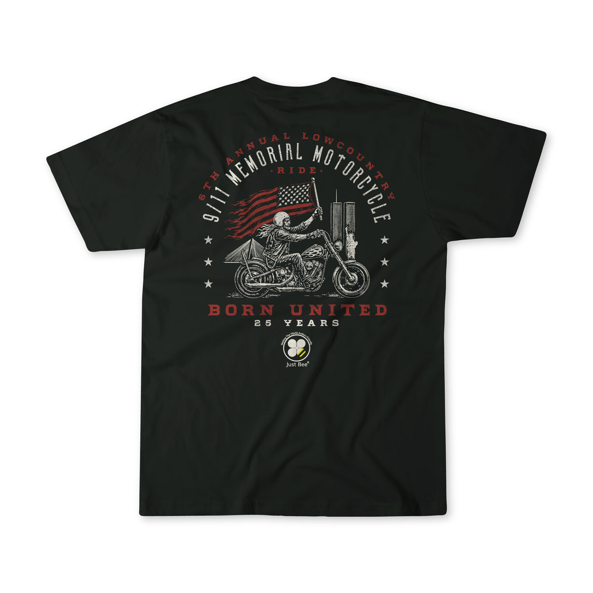 Black T-shirt featuring a graphic of a motorcyclist, American flag, and the text: “9/11 Memorial Ride” by Born United Private Label.