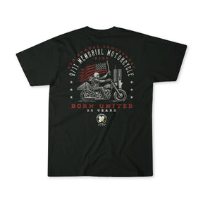 Black T-shirt featuring a graphic of a motorcyclist, American flag, and the text: “9/11 Memorial Ride” by Born United Private Label.