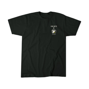 Black t-shirt from Born United Private Label featuring a small white and yellow circular 9/11 Memorial Ride logo and the text “BORN UNITED” and “Just live” on the left chest area.