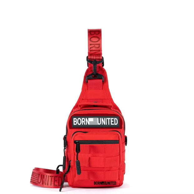 The Red Reaper Tactical Sling-Pac - 4L by Born United Private Label is a bright red compact crossbody bag with a front zipper pocket, sleek black zippers and hardware, and bold BORN UNITED branding on the front and adjustable strap.