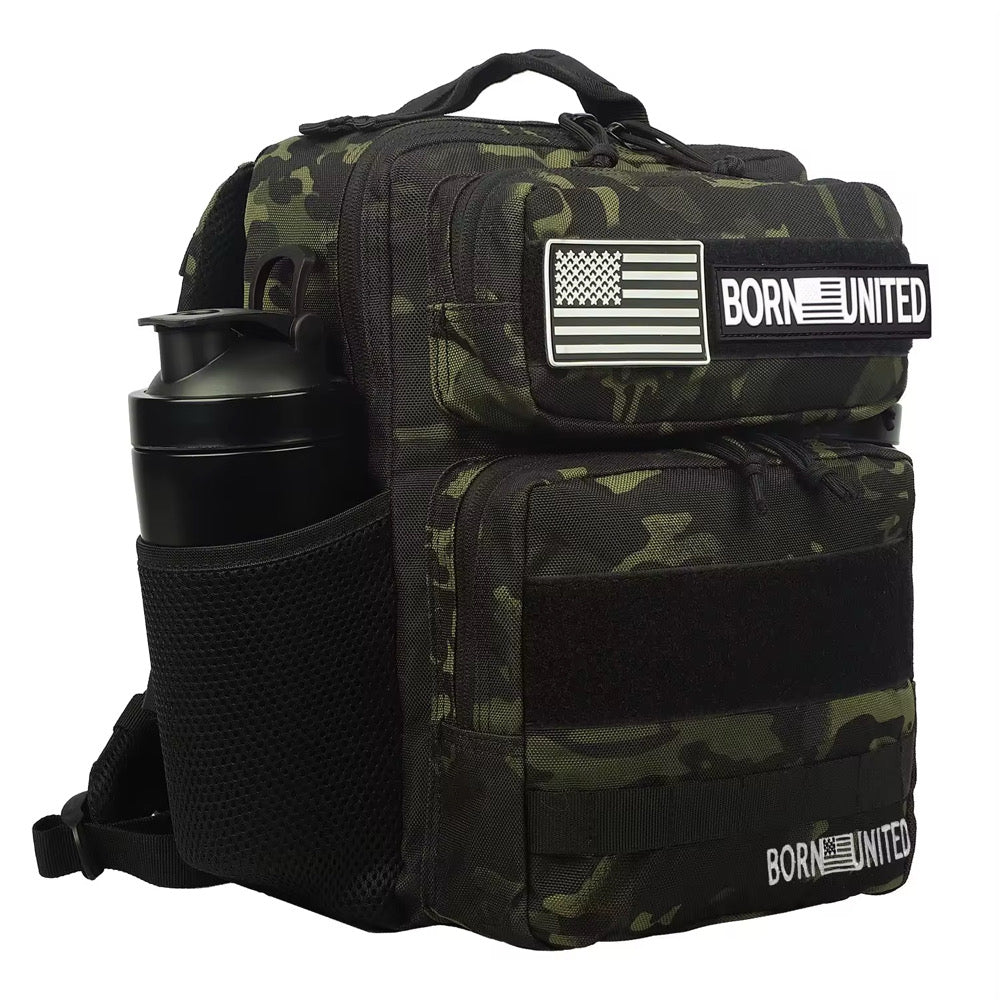 The Black Camo Tac-Pac - 15L by Born United Private Label features multiple zippered compartments, a side mesh pocket with a black shaker bottle, and patches displaying the American flag and “BORN UNITED.”.