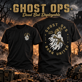 Ghost Ops by Born United Private Label: a tee with a ghost and rifle, Dead But Deployable, set in a war-torn backdrop. Limited-edition Halloween collection.