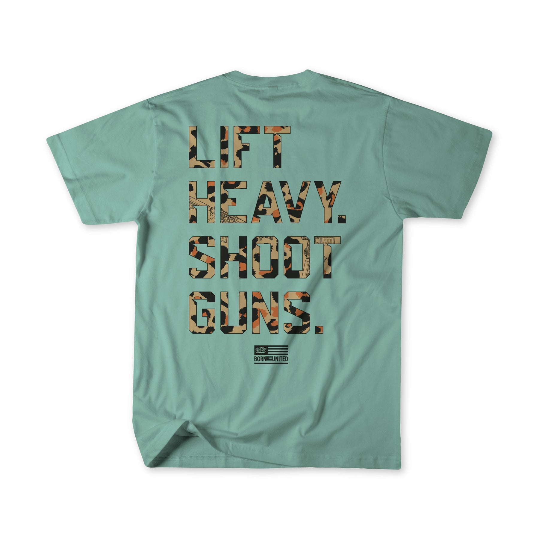 Introducing the LHSG - Sage Tee from Tango Charlie Apparel—a green T-shirt featuring the bold "LIFT HEAVY. SHOOT GUNS." slogan in camouflage print across the back, finished with a small logo and American flag beneath. Ideal for high-intensity fitness enthusiasts seeking both style and performance.