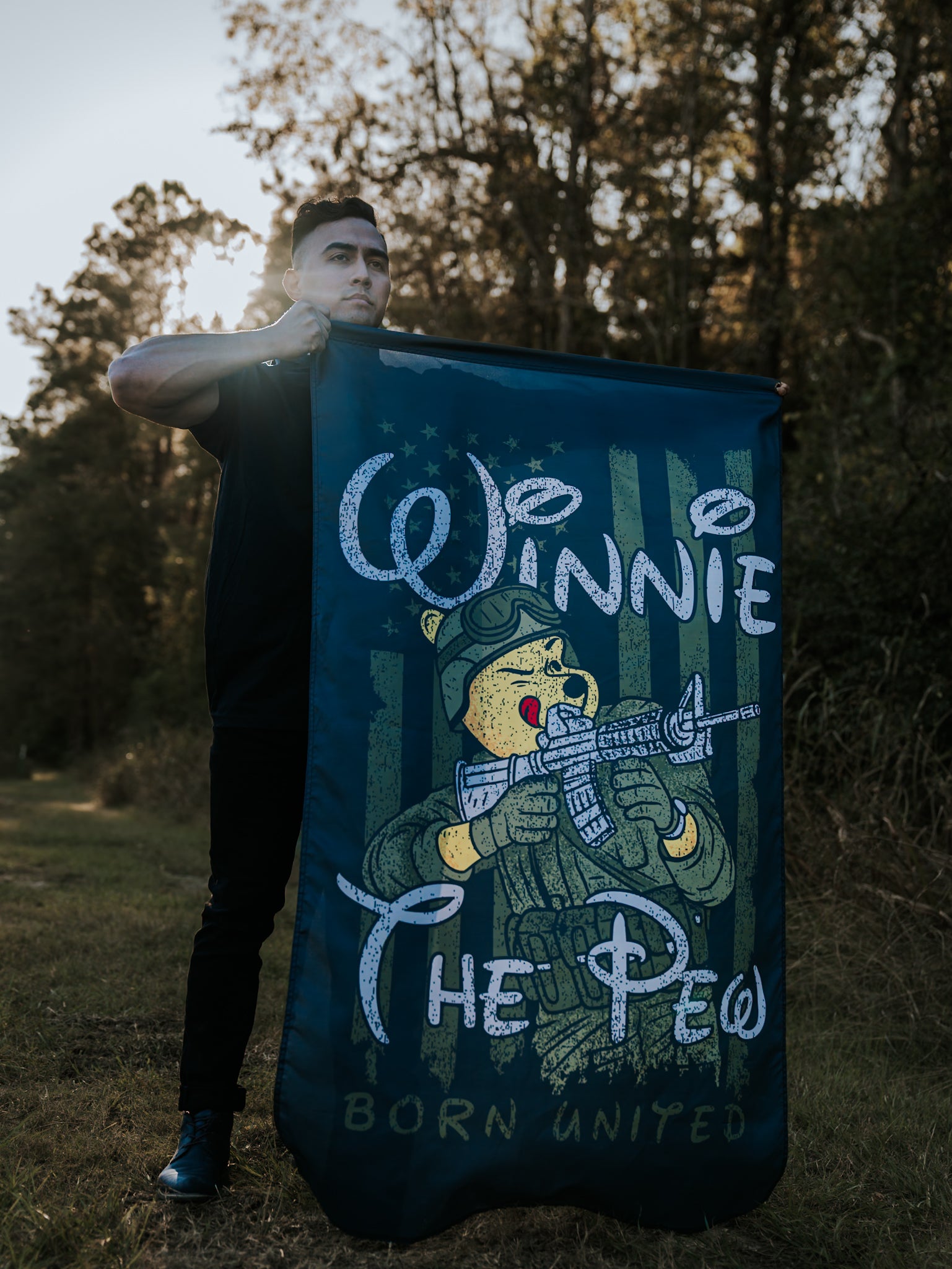 born united - winnie the pew flag with model