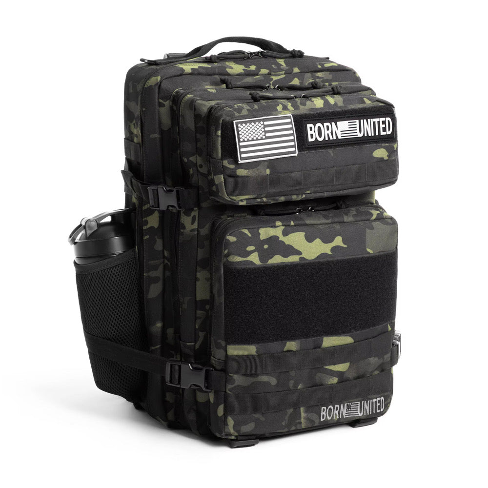 The Black Camo Premium Tac-Pac - 45L by Born United Private Label features multiple compartments, a mesh water bottle holder, and Velcro patches with an American flag and "BORN UNITED" text.