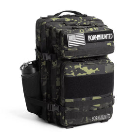 The Black Camo Premium Tac-Pac - 45L by Born United Private Label features multiple compartments, a mesh water bottle holder, and Velcro patches with an American flag and "BORN UNITED" text.