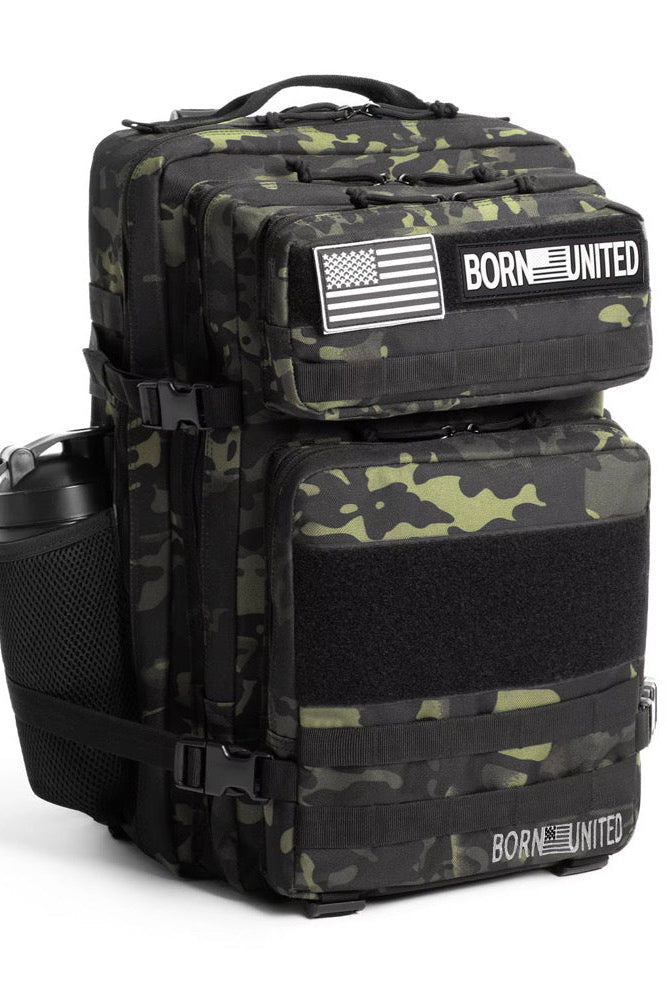 The Black Camo Premium Tac-Pac - 45L by Born United Private Label features multiple compartments, a mesh water bottle holder, and Velcro patches with an American flag and "BORN UNITED" text.