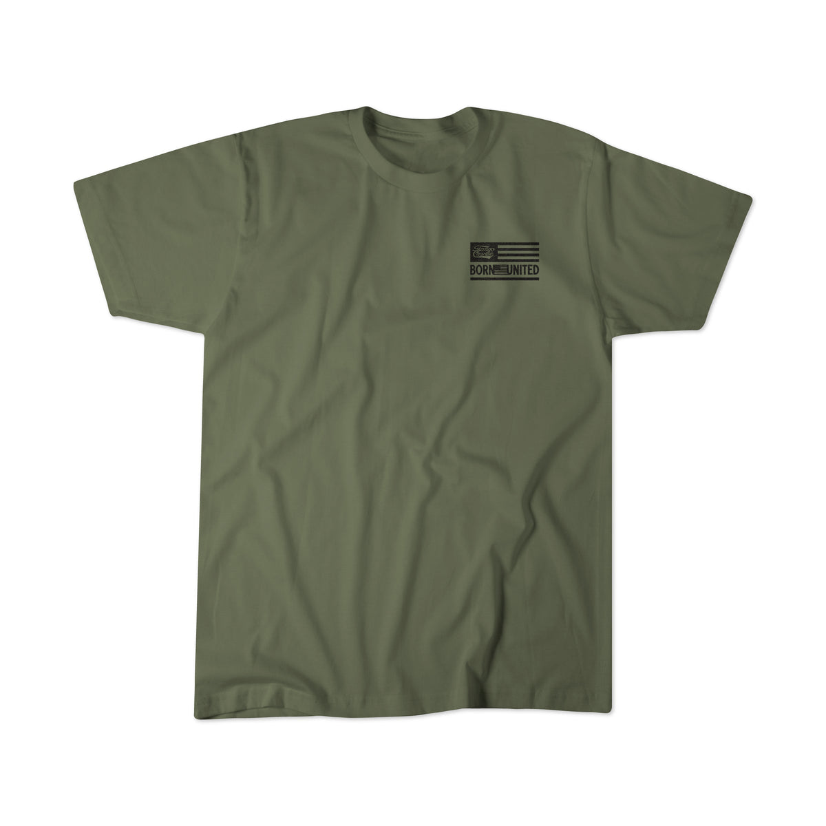 Olive green Next Level CVC short-sleeve shirt by Tango Charlie Apparel. Made from soft polyester and combed ringspun cotton, it features a small black American flag and Lift Heavy. Shoot Guns. on the left chest, laid flat on white.