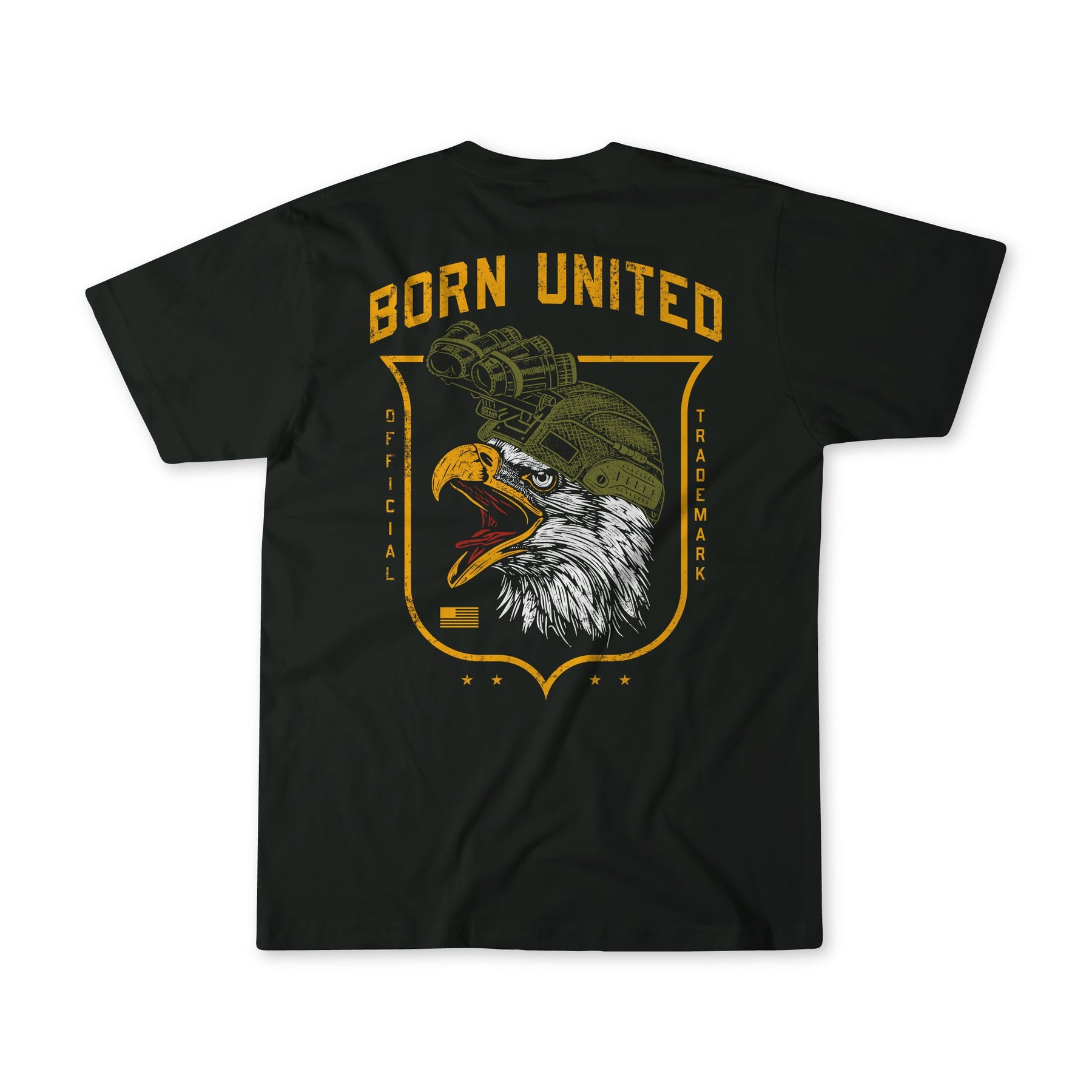 The Eagle's Scream tee by Born United Private Label features a black shirt with an eagle in a tactical helmet and goggles inside a yellow shield, plus bold "BORN UNITED" text above—a perfect patriotic statement for any occasion.