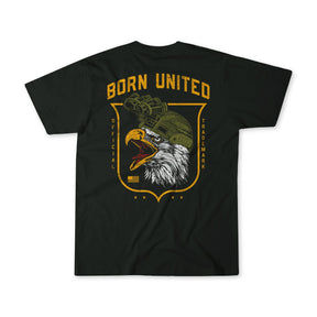 The Eagle's Scream tee by Born United Private Label features a black shirt with an eagle in a tactical helmet and goggles inside a yellow shield, plus bold "BORN UNITED" text above—a perfect patriotic statement for any occasion.