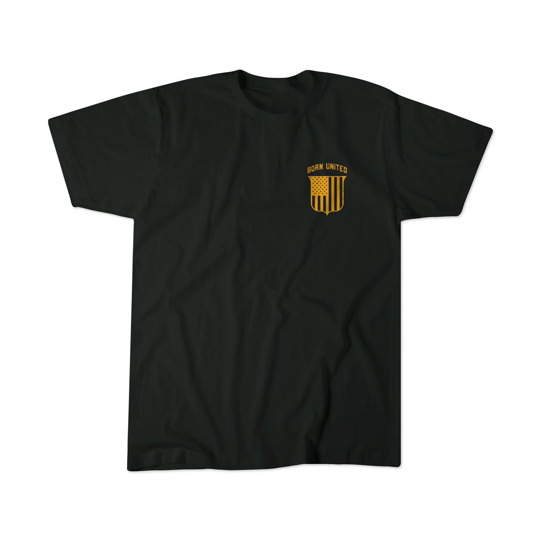 A plain black T-shirt called "The Eagle's Scream" by Born United Private Label, featuring a small yellow and black crest with "Urban United" on the chest—ideal for those seeking a sleek, subtle patriotic look.