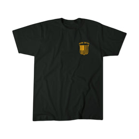 A plain black T-shirt called "The Eagle's Scream" by Born United Private Label, featuring a small yellow and black crest with "Urban United" on the chest—ideal for those seeking a sleek, subtle patriotic look.