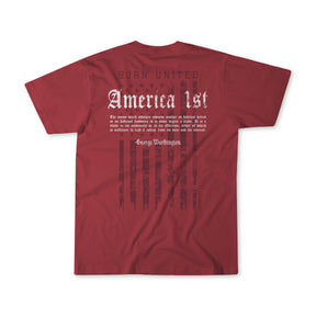 Youth America First T-shirt by Born United Private Label, featuring a red design with “America 1st,” a George Washington quote warning against habitual hatred and fondness, a faded US flag graphic, and “Born United” text on the back.