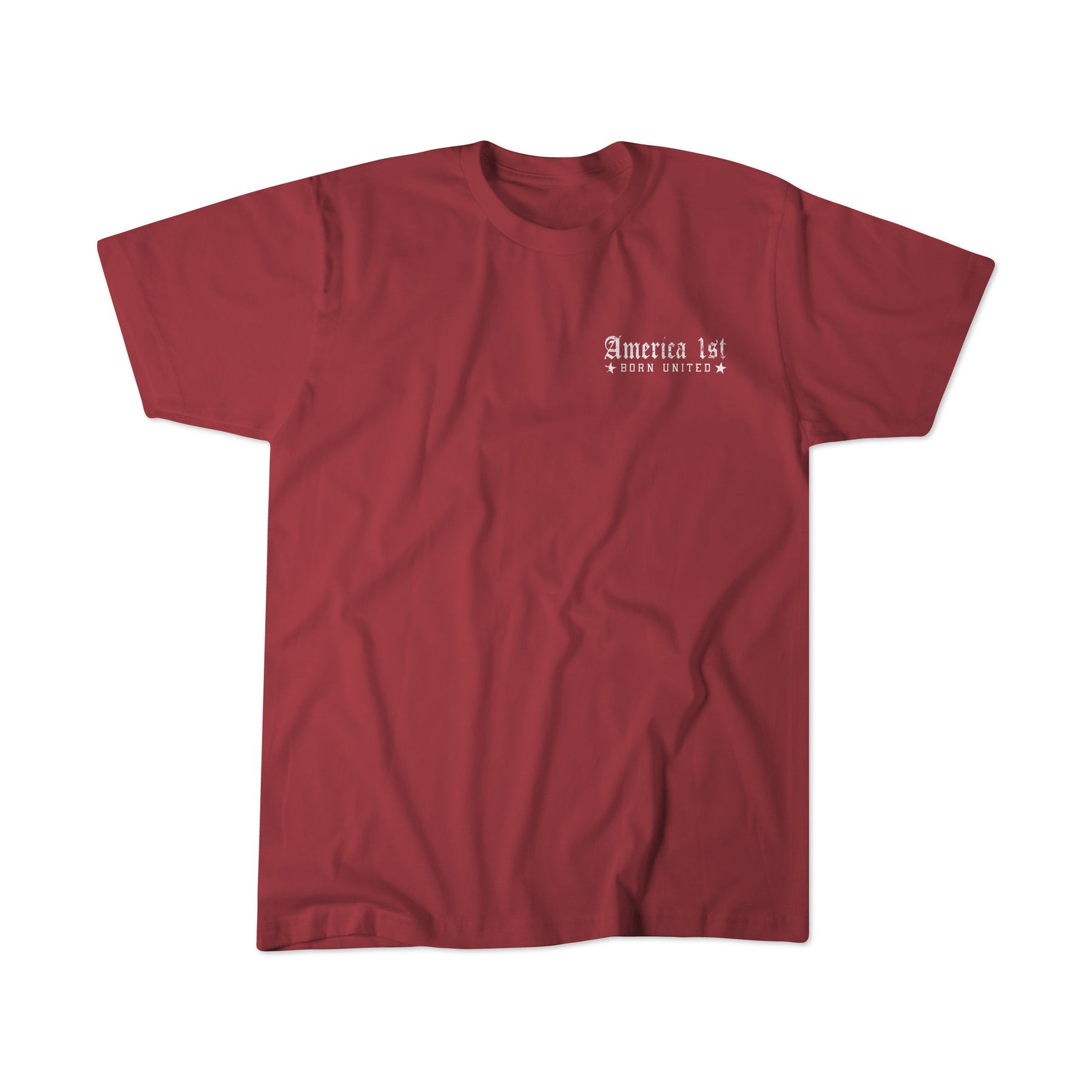 A classic red Youth America First t-shirt from Born United Private Label, featuring crisp white "America 1st Born United" lettering on the left chest—a subtle tribute to George Washington’s vision for a united and harmonious nation.